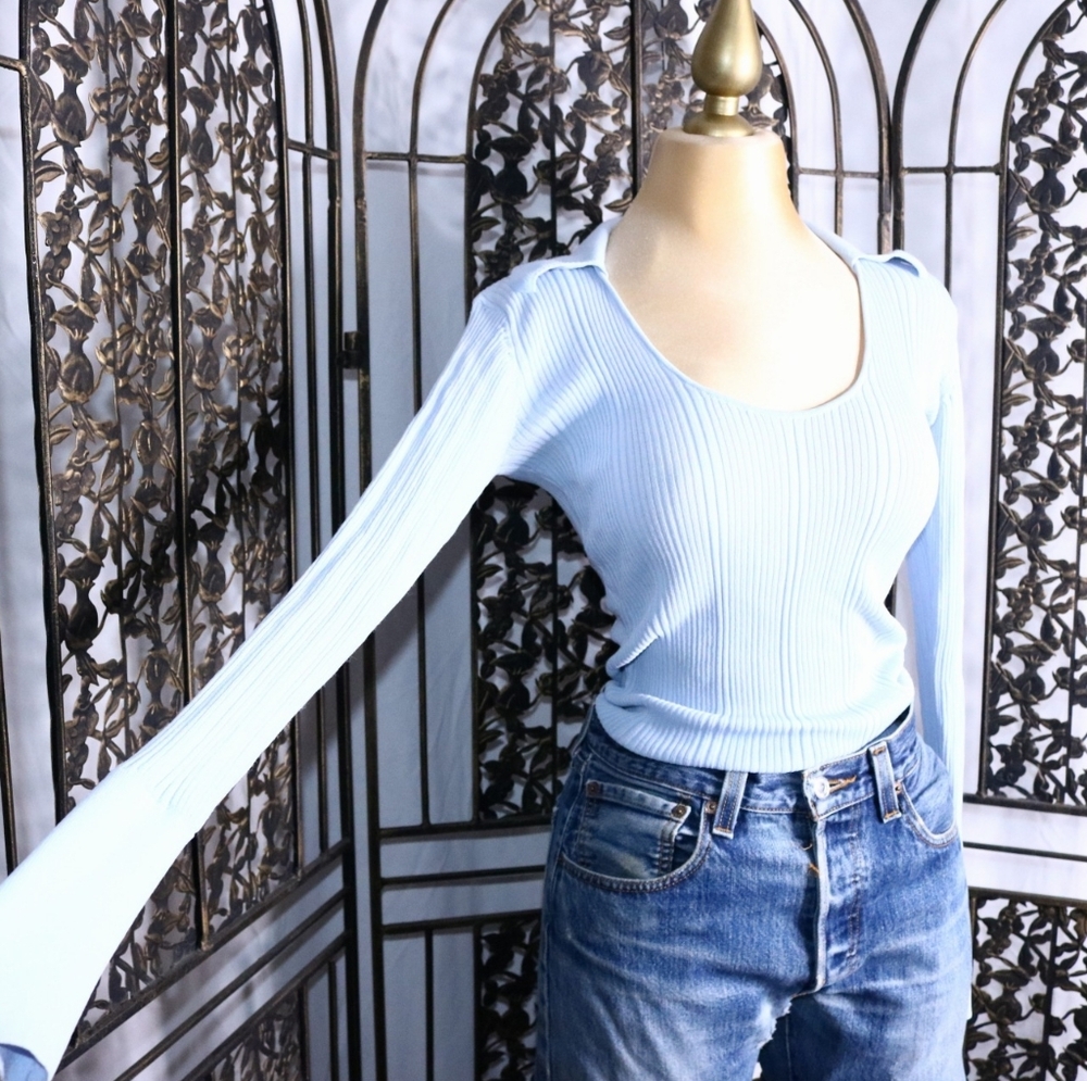 FREE SHIPPING Ronny Kobo Light Blue Ribbed Collared Long Sleeve Top, XS - Picture 4 of 8